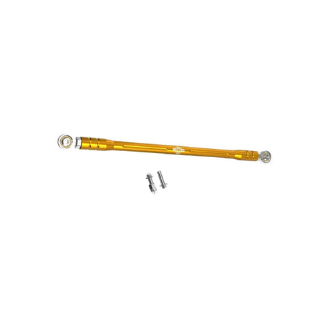 Gold CNC Aluminum Clutch Shift Linkage Rod For Harley Davidson FL Softail And Touring Models Adjustable Bolts 6061 T6 Anodized Finish Fits 86 And Up Ready To Install, shown with bolts