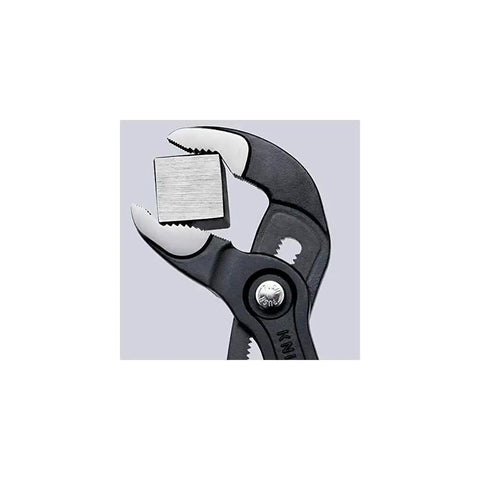 Cobra Water Pump Pliers With Seven And A Quarter Inch Length grasping a metal object, V Jaw Style, Push Button Adjustment