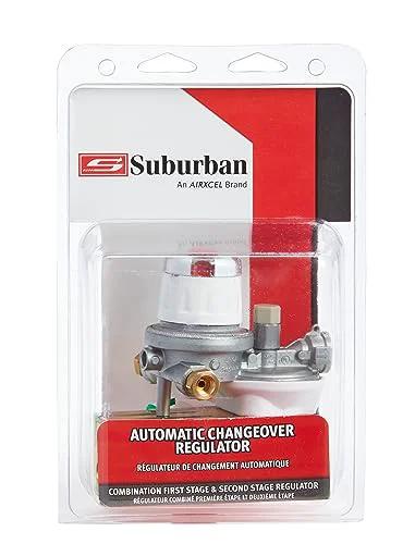 Front view of Suburban LP-R924 automatic changeover regulator in clear packaging; metal regulator with white cap and brass fittings.