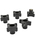 Top Shelf Four Point Grip Knobs With Standard One Quarter Twenty Thread Pattern For Quick Machine Tool Mounting Durable Painted Finish Heavy Duty Five Pack. Five black steel knobs for tools with 1/4-20 thread.