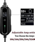 Portable Level 2 EV Charger Up To 32 Amps Adjustable 240V Power with display showing settings and cord.