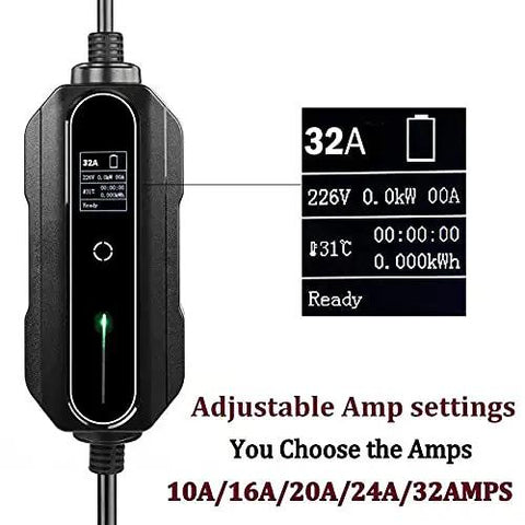 Portable Level 2 EV Charger Up To 32 Amps Adjustable 240V Power with display showing settings and cord.