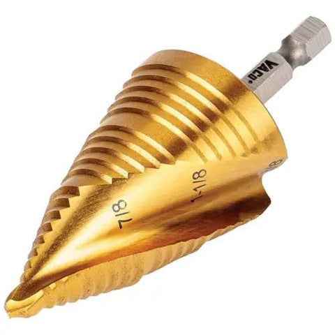 Step Drill Bit Set For Thin Metal Plastic Aluminum And Wood Seven Eighths To One And Three Eighths Inch Double Spiral Flutes For Fast Cutting Titanium Nitride Coating Heat Dissipation Quarter Inch Hex Shank By Klein Tools
