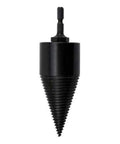 Black wood drill bit with tapered screw threads and hex shank, 38 mm diameter