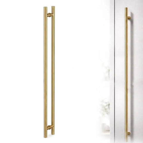 Long Stainless Steel Push Pull Door Handle For Home And Office Two Sided Access Glass Shower Barn And Storefront Doors 60 Inch Brass Gold Round Elite Model Modern Contemporary, brass gold double handle on glass door