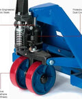 Blue Global Industrial high-capacity manual pallet jack with 27 in W x 48 in L forks and red polyurethane steer wheels.