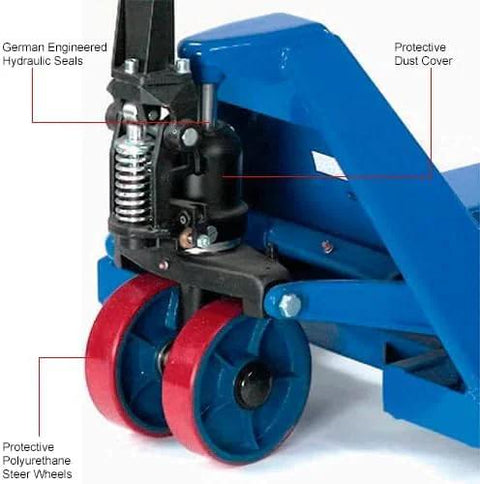 Blue Global Industrial high-capacity manual pallet jack with 27 in W x 48 in L forks and red polyurethane steer wheels.