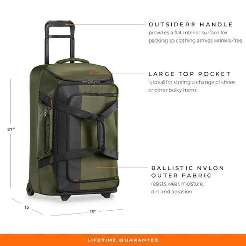 Briggs & Riley 27-inch upright duffle luggage on wheels, Hunter green ballistic nylon with a large top pocket.