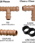 Arfun 28-piece brown plastic drip irrigation fittings kit; front view shows 6 tees, 6 elbows, 10 couplings, 6 line ends.
