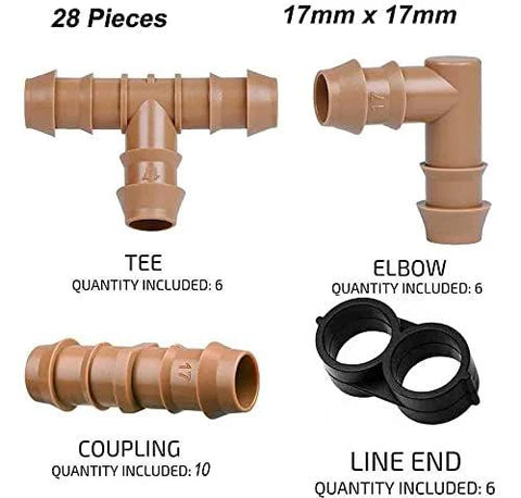 Arfun 28-piece brown plastic drip irrigation fittings kit; front view shows 6 tees, 6 elbows, 10 couplings, 6 line ends.