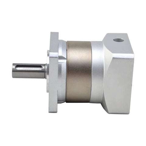 Planetary gearbox with 10mm shaft, silver aluminum housing, side view.