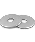Two stainless steel flat washers with 1/4 in ID and 1/2 in OD, Fender style, plain finish
