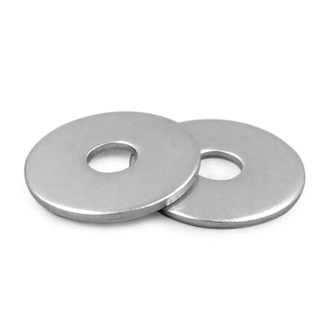 Two stainless steel flat washers with 1/4 in ID and 1/2 in OD, Fender style, plain finish