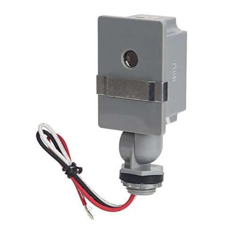 Outdoor 120 Volt Swivel Mount Photocontrol with Light Adjustment Bar in gray, featuring wiring for dusk-to-dawn exterior lighting control.