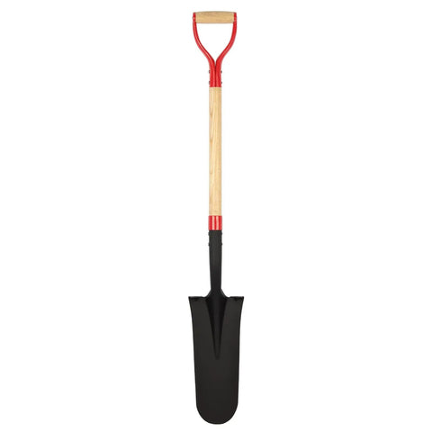Heavy Duty Spade Shovel For Digging With D Handle 45 Inch Trench Shovel, wood handle, black carbon steel head visible.