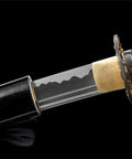 Close-up of 40 Inch Japanese Iaito For Training With Dull Blade Handmade Full Tang Practice Sword hilt and blade.