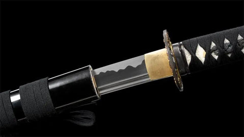 Close-up of 40 Inch Japanese Iaito For Training With Dull Blade Handmade Full Tang Practice Sword hilt and blade.