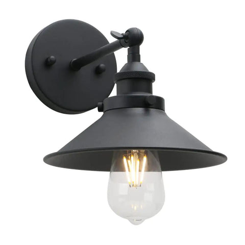 Industrial Wall Sconce Set With Vintage Vibe, 1 Light, Black Metal Shade, 8.1 Inch Diameter, E26 Base, Installed View
