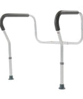 Solid Adjustable Toilet Safety Frame With Cushioned Padded Arms For Safe Stand Up Aid And Zero Sweat Installation Plus Heavy Duty 300 Lb Support That Gives You Peace Of Mind Day And Night, showing padded armrests.