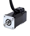 Stepper motor, closed-loop, black housing with silver front plate, protruding shaft and attached cable