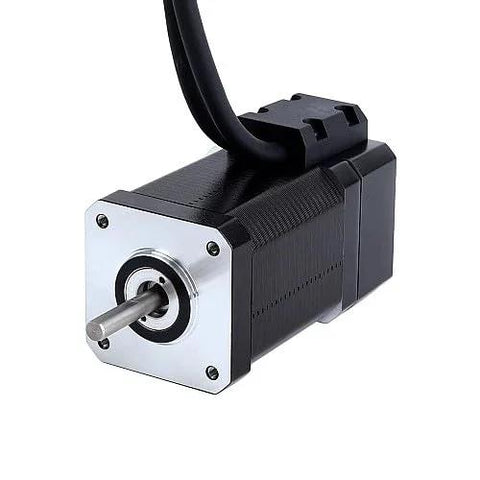 Stepper motor, closed-loop, black housing with silver front plate, protruding shaft and attached cable