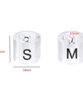 Plastic Clothes Hanger Size Markers Kit With 7 Size Range XS To 3XL for wire hangers showing S and M clear transparent tags