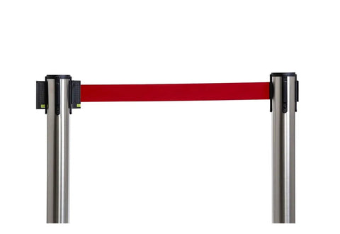 Rock Solid Stainless Steel Stanchion Pair With Snappy Retractable Polyester Cord, red cord extended between polished posts.