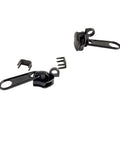 Two Pack Zipper Repair Kit With Size 8 Slider Keyhole Long Pull Non Lock Including Stoppers For Nylon Coil Zippers Replacement For Luggage Bags Backpacks Choose Color Black, showing black zipper pulls and stoppers on white background.