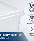 Heavy Duty 105 Quart Storage Bin With Secure Snap Latches And Clear Base shows durable plastic and smooth edges for reliable storage.
