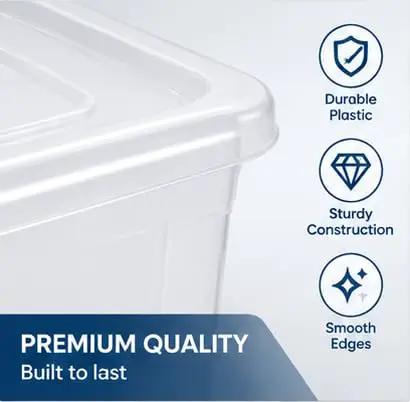 Heavy Duty 105 Quart Storage Bin With Secure Snap Latches And Clear Base shows durable plastic and smooth edges for reliable storage.