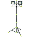 20,000 Lumen Dual Head LED Work Light With Adjustable Tripod, 9 Ft Cord, shown in full extension with dual LED heads and stable tripod base.