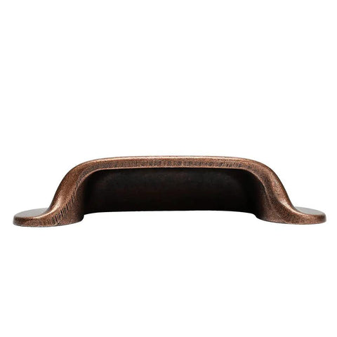 Side view of Ten Pack 2.5 Inch Hole Center Antique Copper Bin Cup Drawer Pulls for quick install kitchen grips.