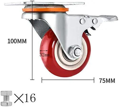 Heavy Duty Polyurethane Caster Wheels With Secure Brakes For Hassle Free Furniture Sliding On Wood Floors Or Carpet Butter Smooth Rolling Office Chair And Cart Mounting Plates Four Pack detail with dimensions 100MM height and 75MM width