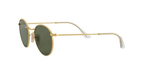 Side view of RB3447N Round Metal Sunglasses With Flat Lenses Gold Frame And Green G-15 Lenses Unisex 50mm Classic Round Style