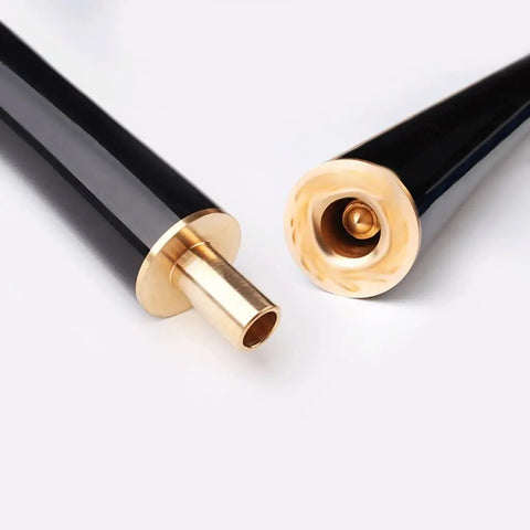 Close-up of Premium Snooker Pool Cue With Hard Case featuring 9.8mm tip and solid Canada ash shaft, black finish.
