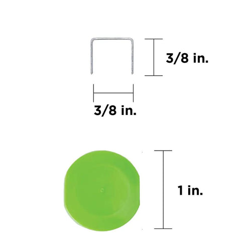 Top Shelf 3 8 Inch Plastic Cap Staples For Housewrap Roofing And Insulation Installations Featuring Bombproof Retention And Premium Weather Proofing Build 2016 Pack. Green plastic cap and staple with dimensions.