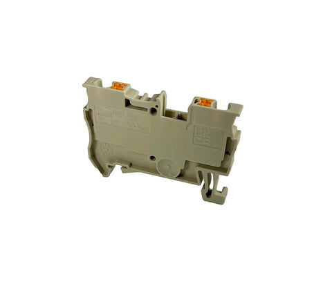 Top Shelf Push In Din Rail Terminal Blocks 20 Amp 600 Volt 12 To 26 Awg Screwless Connectors beige wiring terminal viewed from side.