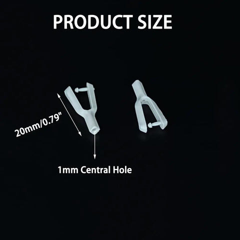 Two white plastic RC clevis tie rod connectors, 1mm hole, 20mm length, for DIY model aircraft, shown on black background. 10 Pack RC Airplane Clevis Tie Rod Connection For Rudder Angle And Pro Grade Servo Arm DIY Model Aircraft Fix Wing Parts For Foam Planes And Helicopters White Plastic 1mm Hole 20mm Length Style 1.