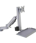 Professional Grade Silver Dual Monitor Arm Stand With Smooth Gliding Gas Lift Height Adjustment And Spacious Swivel Top Shelf Tray side view showcasing adjustable arm and tray.