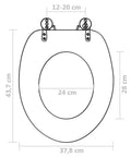Heavy Duty Dual Pack Toilet Seats Featuring Soft Close Lid Solid MDF Build Slam Proof Hinges Rust Resistant Bolts And Quick Swap Mounting For Your Ultimate Bathroom Glow Up, detailed dimensions diagram.