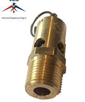 Close-up of brass 1/2 in NPT air compressor safety relief valve with threaded end and side ports