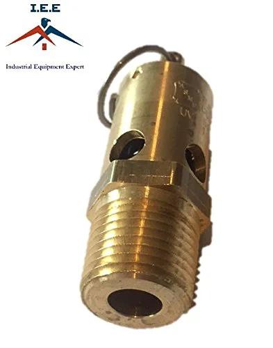 Close-up of brass 1/2 in NPT air compressor safety relief valve with threaded end and side ports