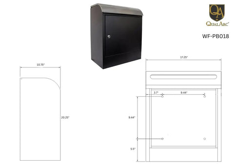 Heavy Duty Wall Mounted Locking Mail And Parcel Box, Extra Large 17x20.5x10 Inches, Scratch Resistant Black And Silver Diagram
