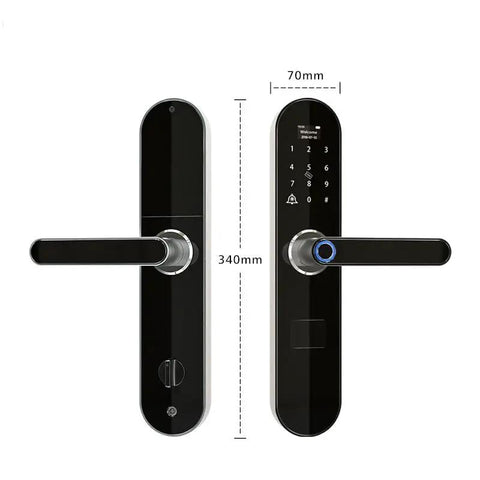 Heavy Duty Fingerprint Smart Digital Deadbolt Lock With Built In Doorbell And Slick Electronic Keypad Access, front and side view.