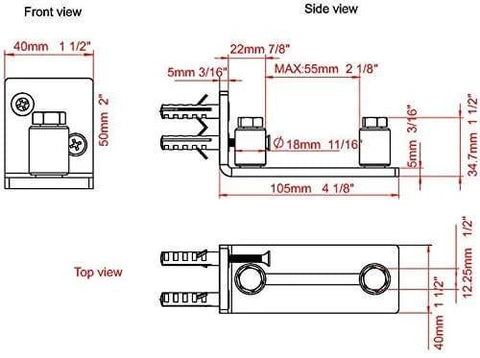Technical diagram showing front, side, and top views of Barn Door Floor Guide Set Of 2, Stainless Steel Adjustable Wall Mounted Floor Guide.