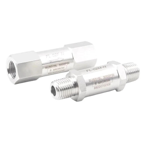 Front view of two 316 stainless inline filters with 1/2 in NPT ends; 5 micron element, 3000 psi.