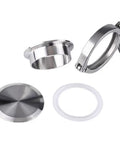 304 Stainless Steel Sanitary Weld Ferrule Union Kit With Tri Clamp, End Cap, And Silicone Gasket For Brewery Brewing Winemaking Food Dairy Processing High Quality Quick Connect 168mm X 183mm Size, stainless parts laid out