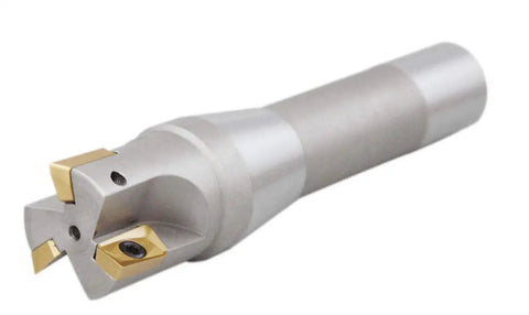 1-1/4 Inch By 5-27/32 Inch 90 Degree R8 Shank Indexable End Mill With Three APKT1604 Tin Coated Carbide Inserts Installed Positive Rake Right Hand Cut Pro Grade Milling Tool For Aluminum And Steel