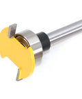 T Slot Router Bit With Bearing For Woodworking One Quarter Inch Shank Slot Cutter, yellow head, steel body, side view