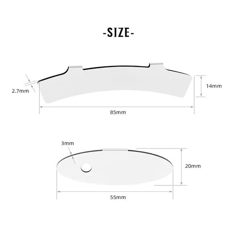 Diagram of the 5 Pack Bicycle Disc Brake Pads Alignment Tool Set showing dimensions of rectangular and elliptical high carbon steel pads.
